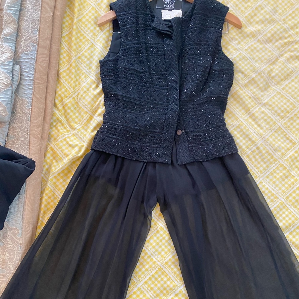 Stunning 2 pc outfit w beaded top and sheer  flared pants by Carmen Marc Valvo